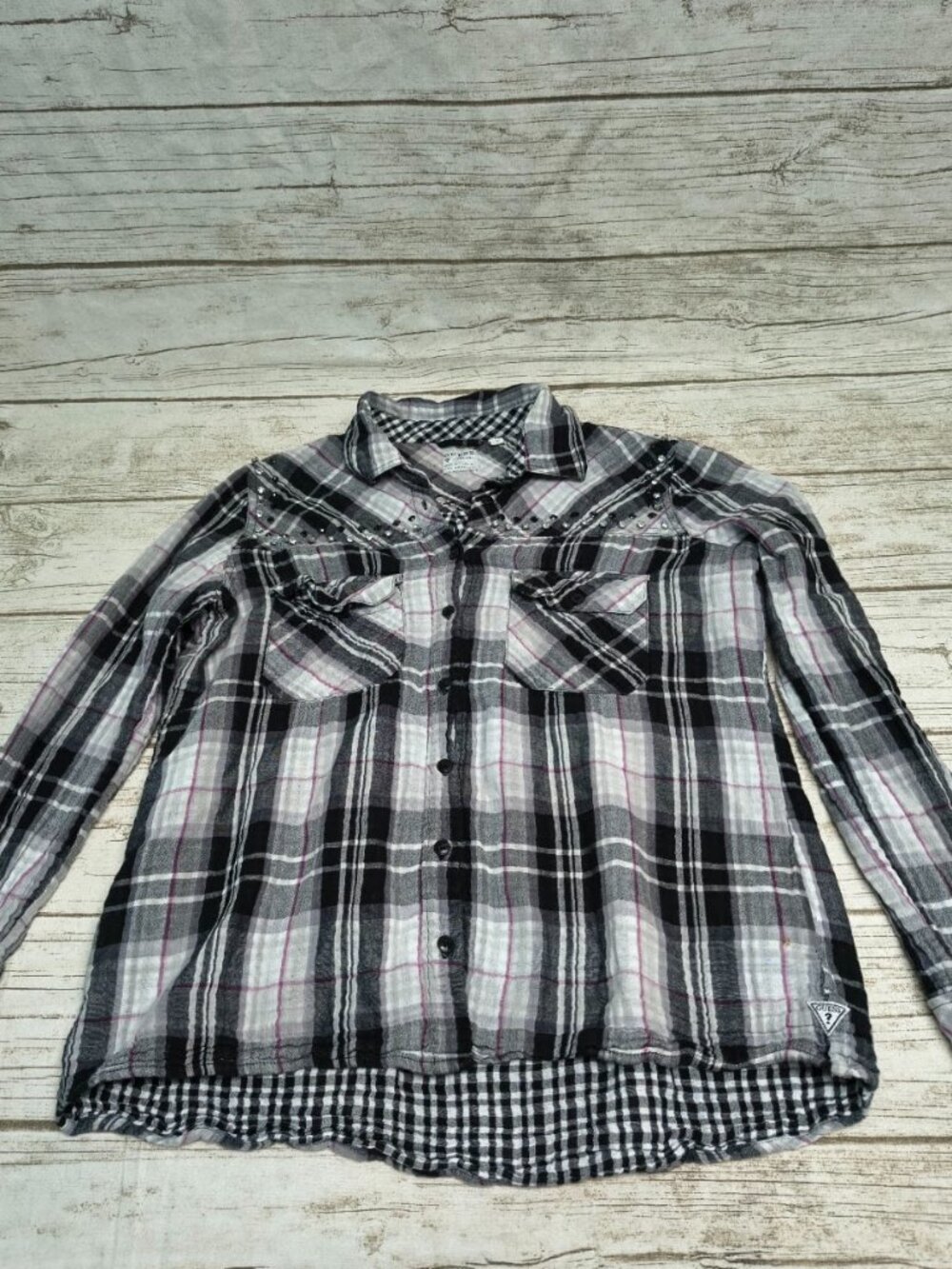 Guess Plaid Long Sleeve Button Up Shirt Y2K Rhinestone Women Size Medium
